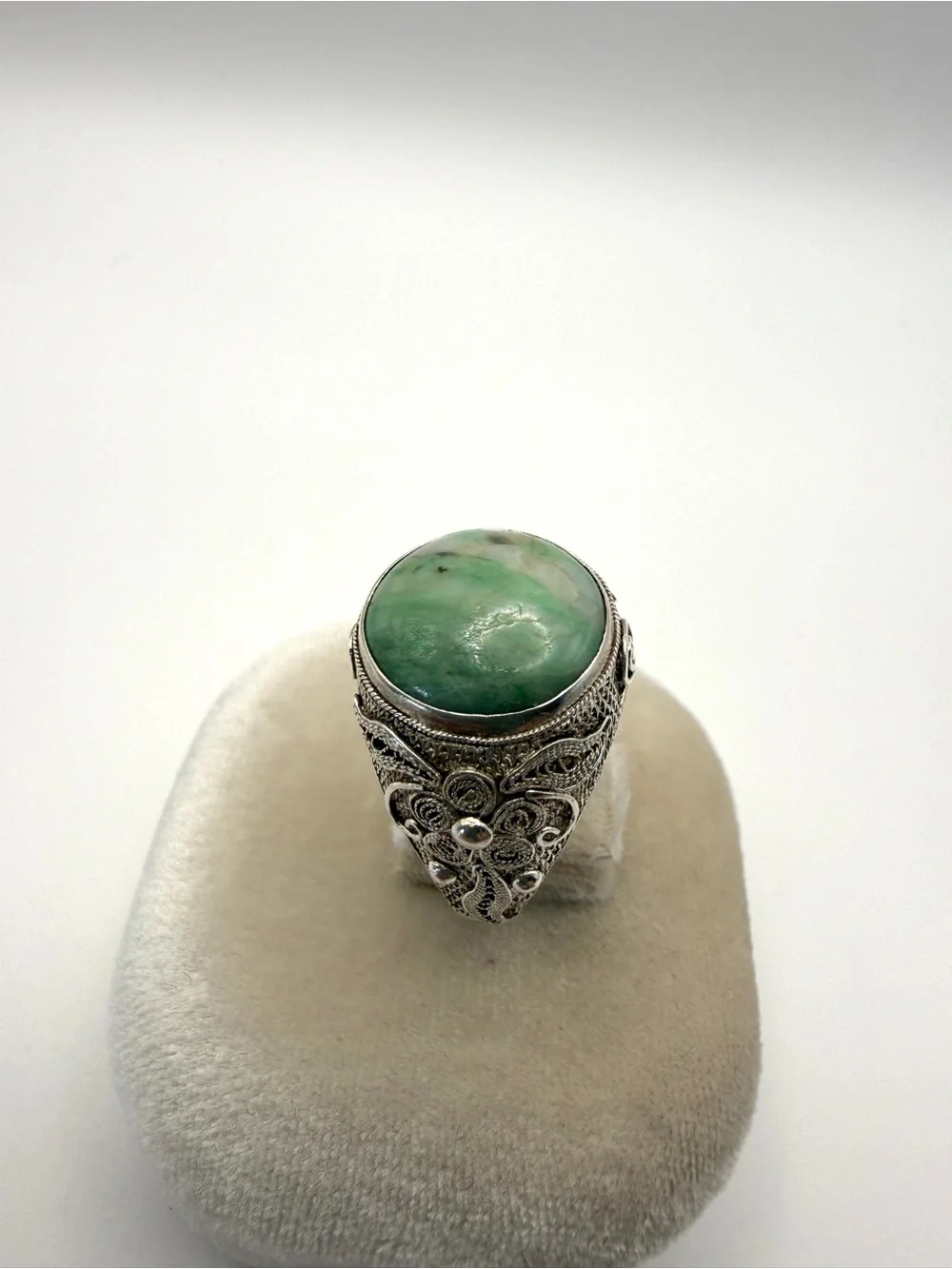 Antique Adjustable Chinese Silver Filigree Ring with Green Stone Cabochon